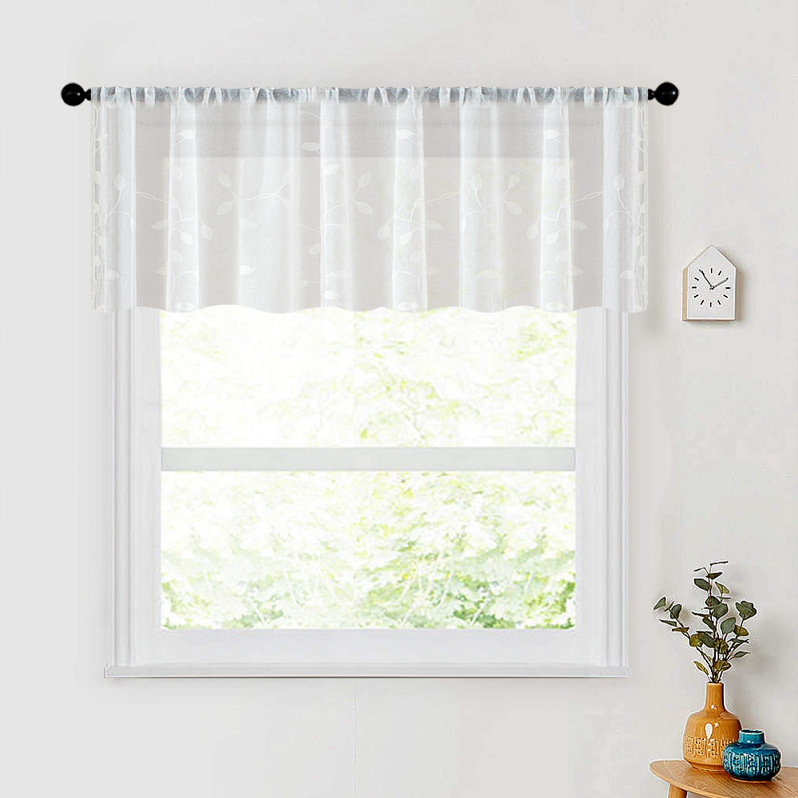 Mrtrees Sheer Valance Curtain, Christmas Sheer Curtains Valances Rod Pocket, Voile Leaves Embroidered Curtain Panels For Bedroom