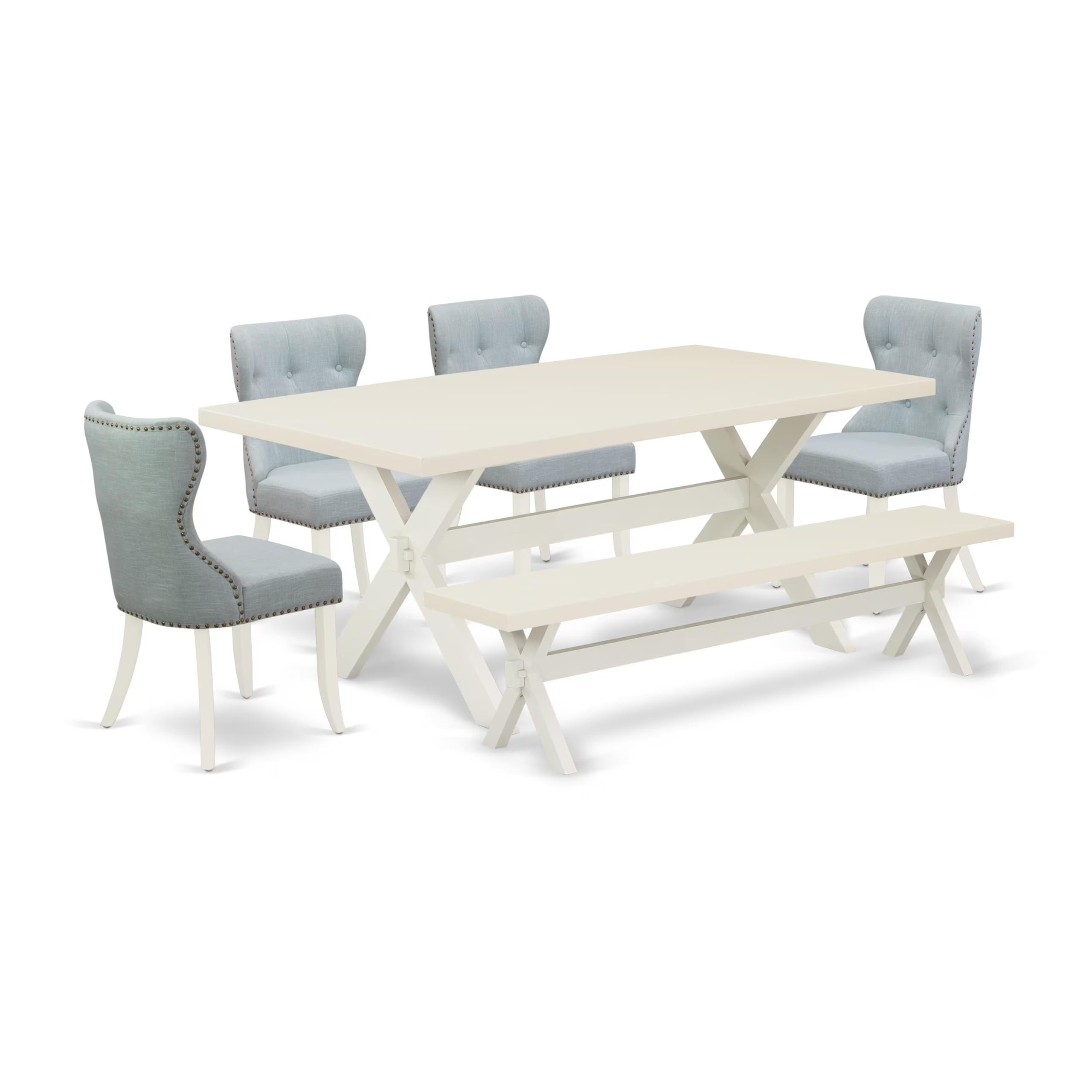 East West Furniture X027Si215-6 6 Piece Kitchen Table Set Contains A Rectangle Dining Table With X-Legs And 4 Baby Blue Linen Fabric Upholstered Chairs With A Bench, 40X72 Inch, Multi-Color