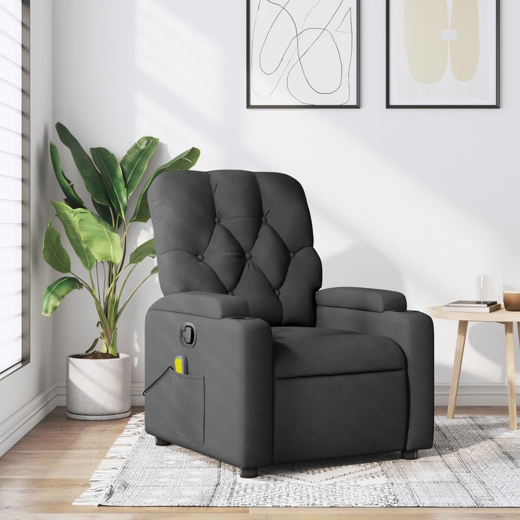 vidaXL Fabric Massage Recliner Chair for Living Room, Home Theater, 6-Point Vibration Massage, Adjustable Back & Footrest, Cup Holders, Dark Gray