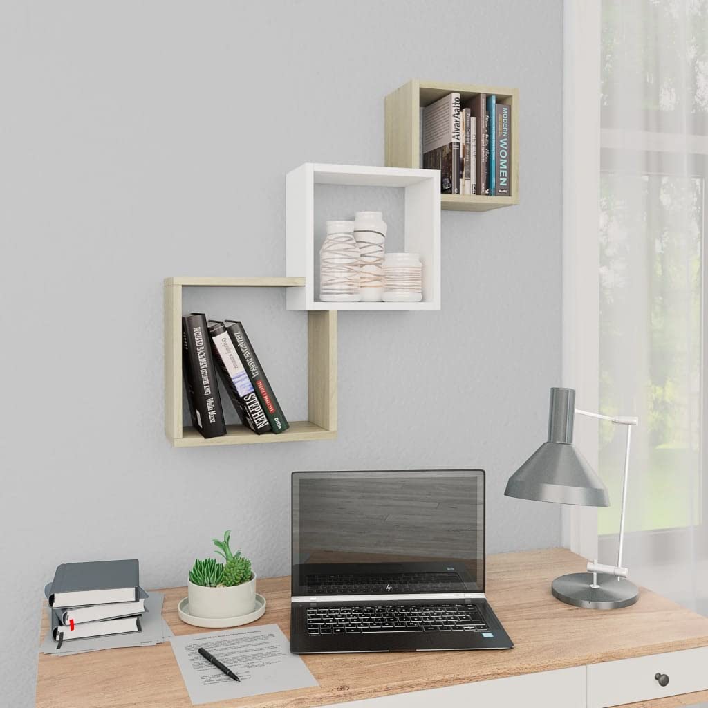 vidaXL Cubicle Shelves, Floating Cube Shelves, Display Shelves, Wall Cube Shelves for Display, Modern Style, White and Sonoma Oak Engineered Wood