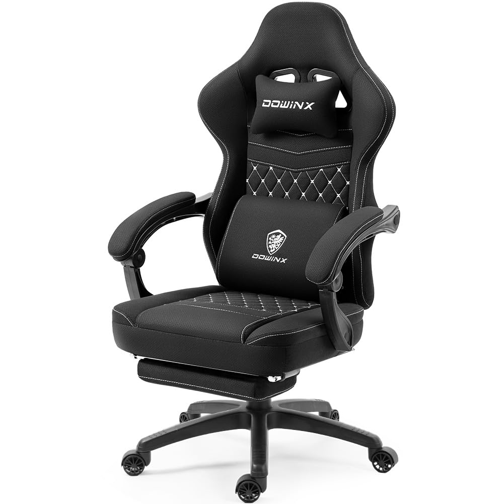 Dowinx Gaming Chair Breathable Fabric Computer Chair With Pocket Spring Cushion, Comfortable Office Chair With Gel Pad And Storage Bag,Massage Game Chair With Footrest,Black