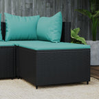 vidaXL Patio Footrest with Water Blue Cushion – Modular Outdoor Furniture Piece – Black PE Rattan Footstool with Powder Coated Steel Frame for Garden, Lounge.
