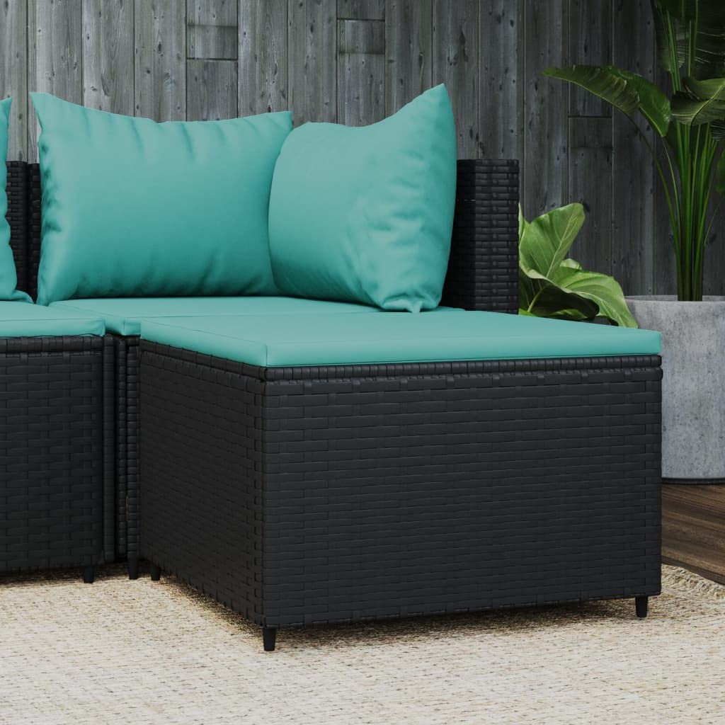 vidaXL Patio Footrest with Water Blue Cushion – Modular Outdoor Furniture Piece – Black PE Rattan Footstool with Powder Coated Steel Frame for Garden, Lounge.