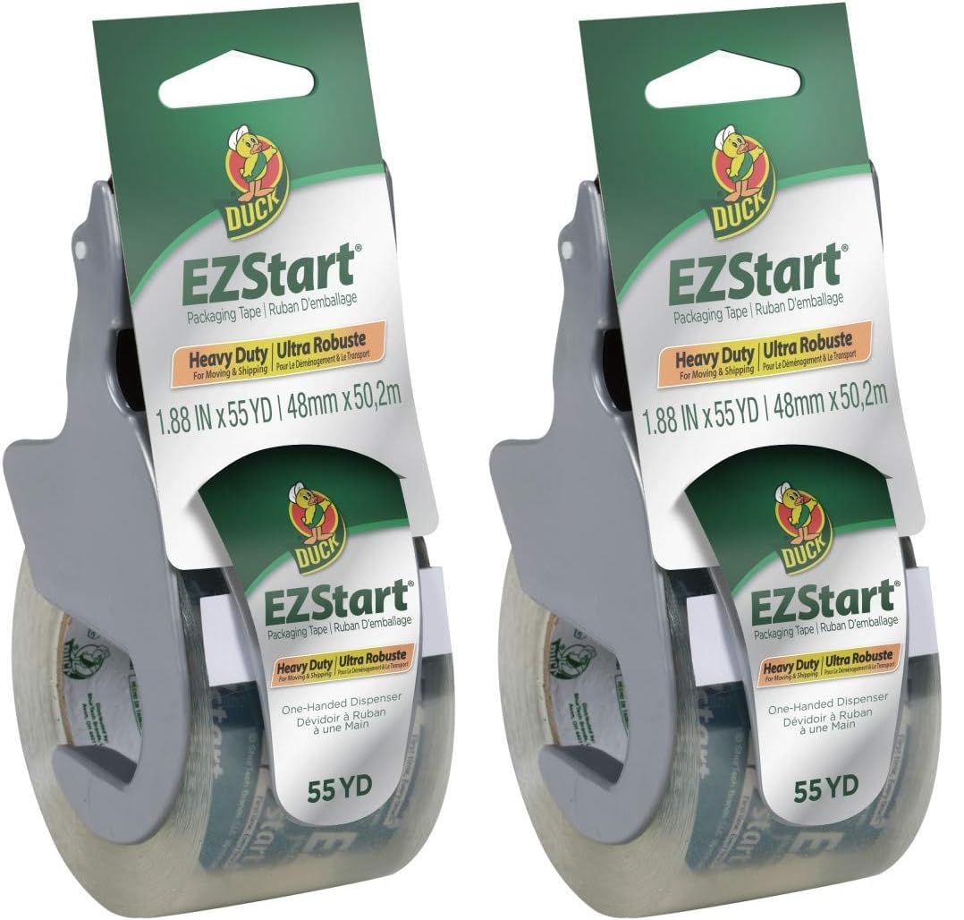 Duck Ez Start Packaging Tape, Single Roll With Dispenser, Clear Packing Tape For Mailing, Moving, Shipping & Storage, Quiet Easy