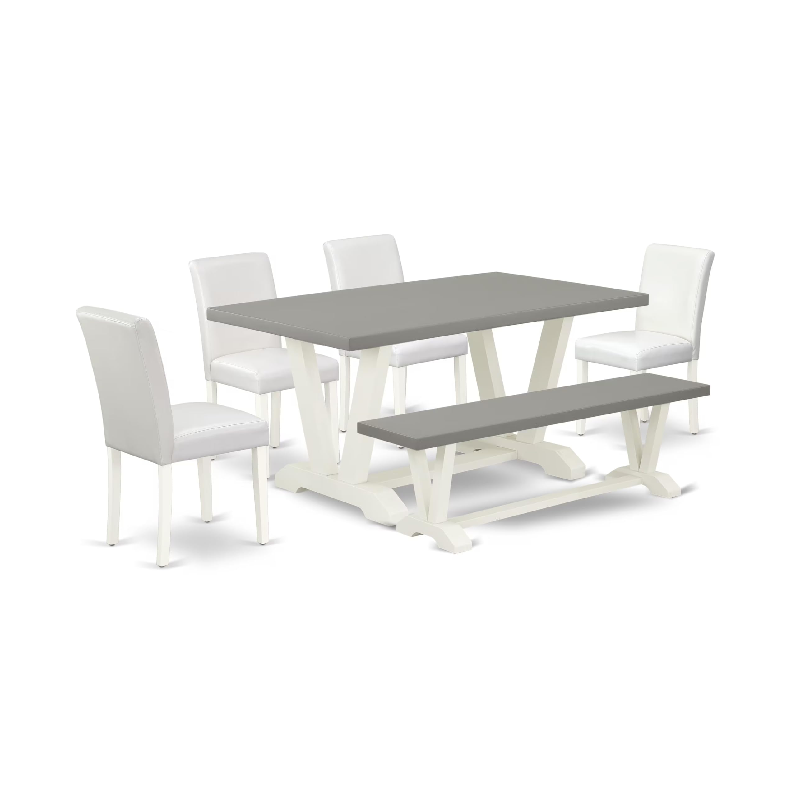 East West Furniture V096Ab264-6 V-Style 6 Piece Set Contains A Rectangle Dining Room Table With V-Legs And 4 White Faux Leather Upholstered Chairs With A Bench, 36X60 Inch