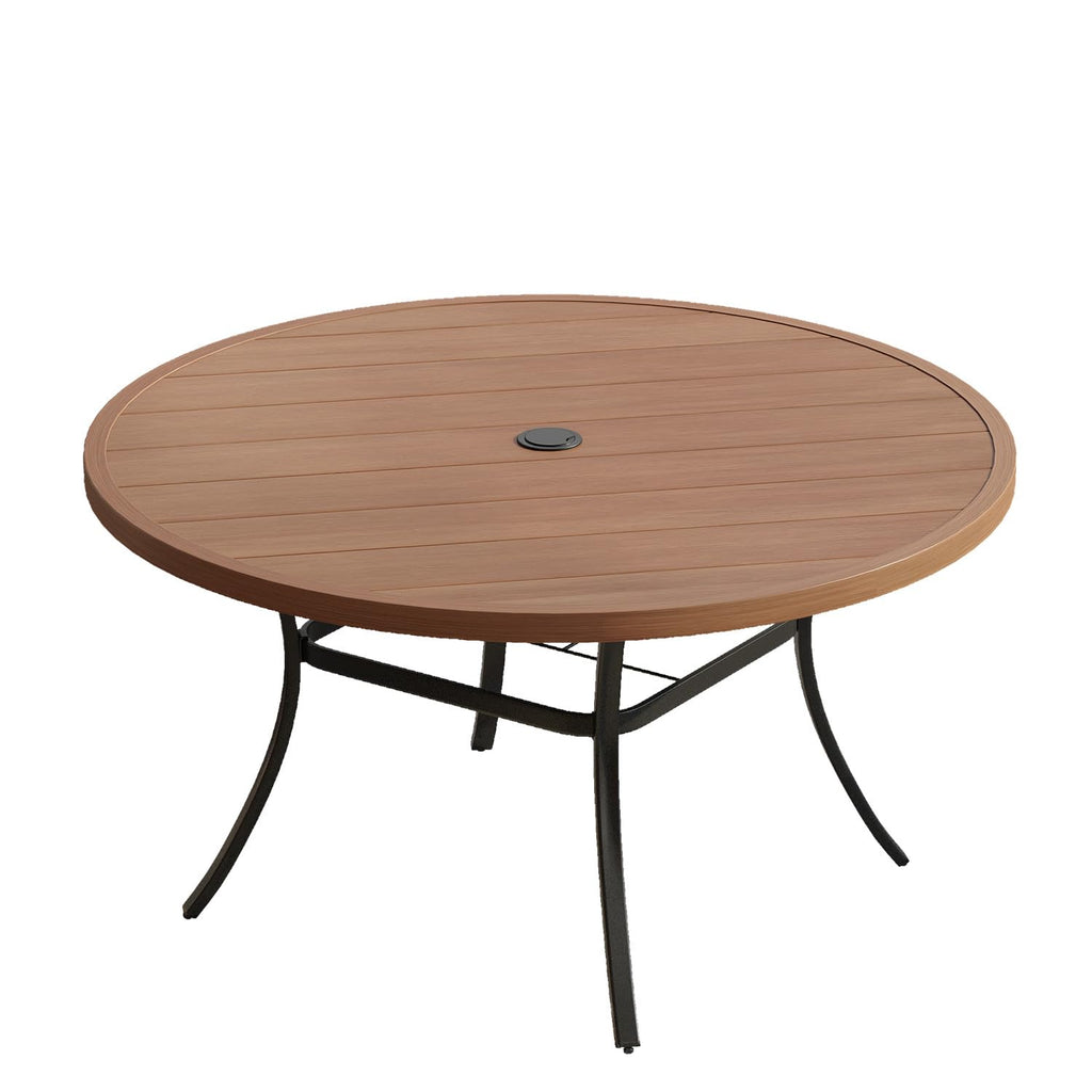 Vicllax 53' Outdoor Round Patio Table For Lawn Garden, All Weather Metal Round Patio Dining Table With Adjustable Umbrella Hole, Patio Table For 8 Person, Walnut Tabletop