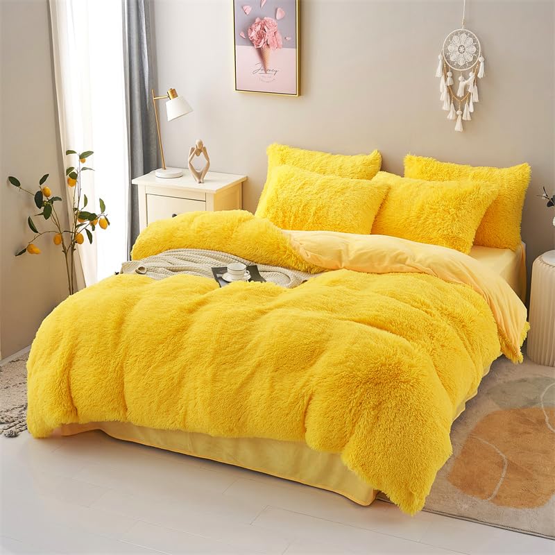 Chovy Faux Fur Plush Bright Yellow Comforter Sets Queen - Ultra Soft Shaggy Flannel Velvet Fluffy Fuzzy 3Pc Bedding Set (Comfort