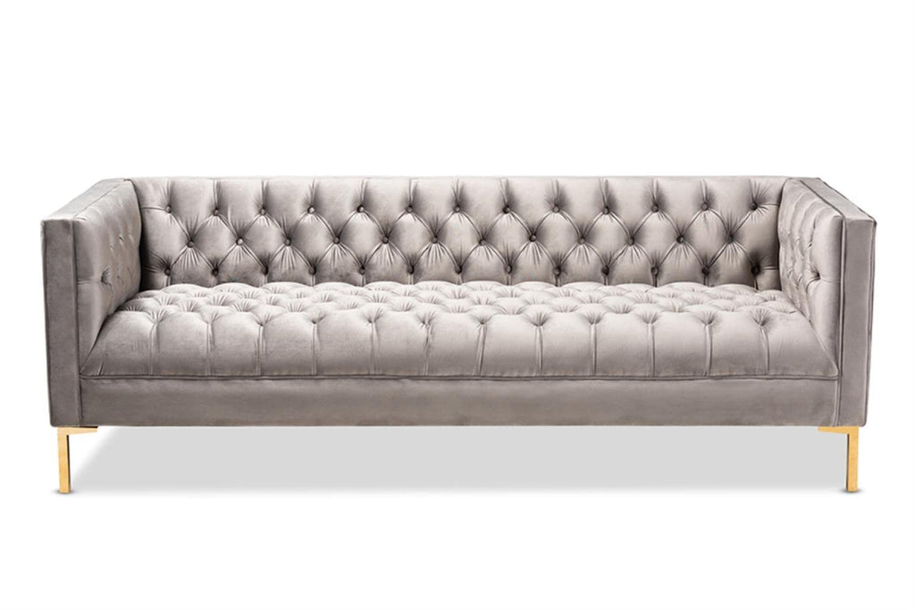 Baxton Studio Zanetta Glam and Luxe Gray Velvet Upholstered Gold Finished Sofa