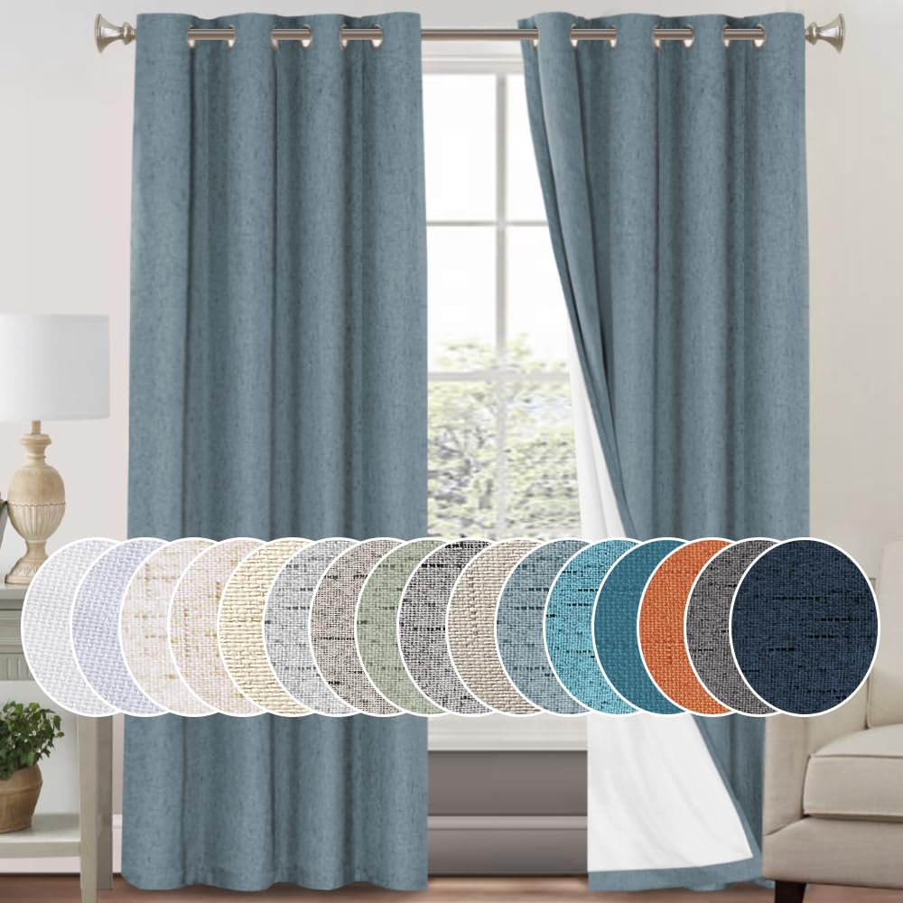 PrinceDeco Primitive Textured Linen 100% Blackout Curtains for Bedroom/Living Room Thermal Insulated Linen Textured Curtains Hea