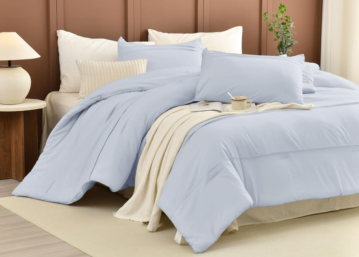 Cozytide Cotton Queen Comforter Set(90'X95'),Light Blue Pinch Pleated Bedding Comforter Set,3 Pieces Soft Lightweight Fluffy Q