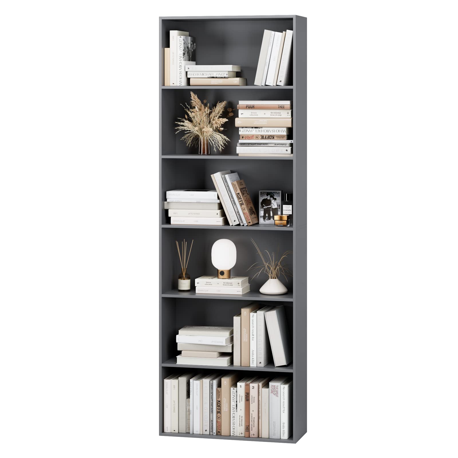 Fotosok 6-Tier Open Bookcase And Bookshelf, Freestanding Display Storage Shelves Tall Bookcase For Bedroom, Living Room And Office, Dark Gray