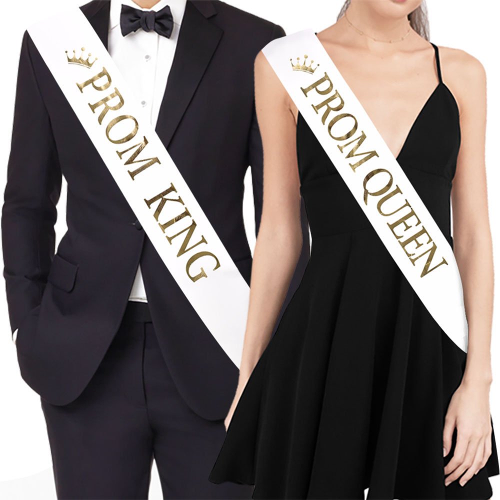 TTCOROCK 'PROM KING' and 'PROM QUEEN' Sashes - Graduation Party School Party Accessories, White with Gold Print