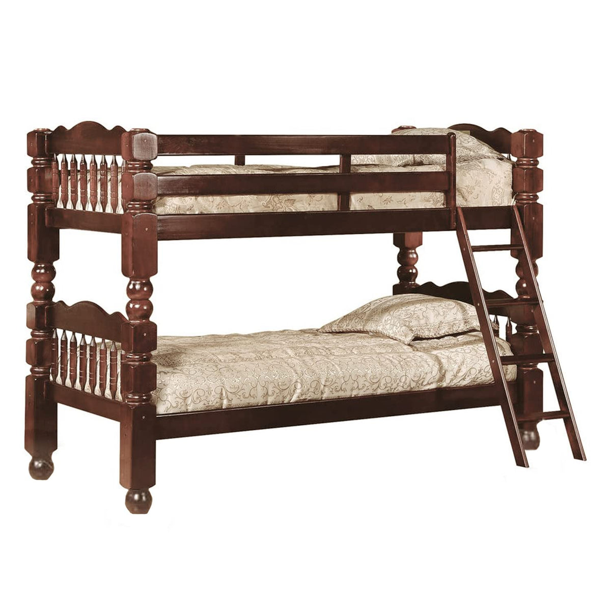 Better Home Products Andrei Twin Over Twin Solid Wood Spindle Bunk Bed Tobacco