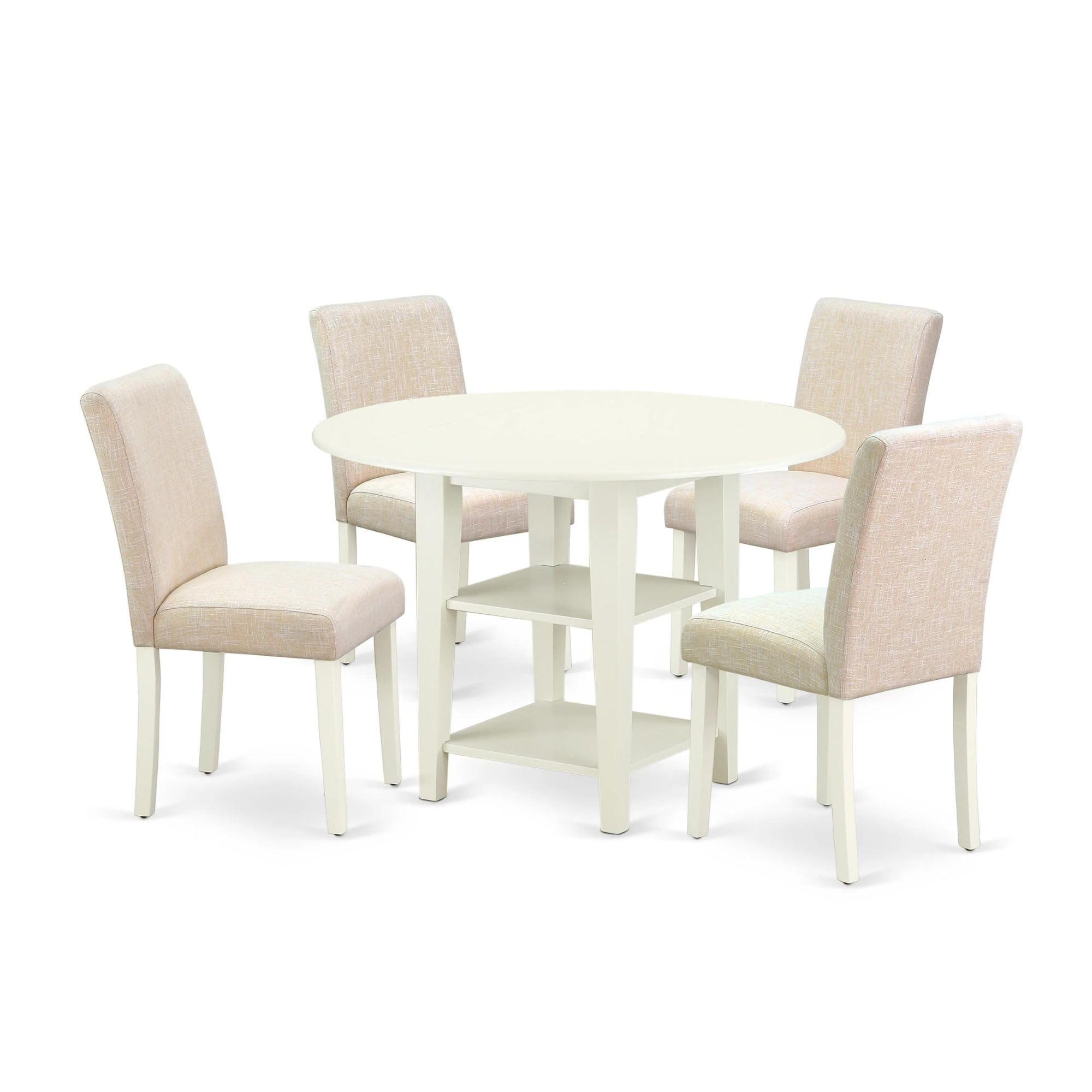 East West Furniture Suab5-Lwh-02 5 Piece Kitchen Table Set Includes A Round Dining Table With Dropleaf & Shelves And 4 Light Beige Linen Fabric Upholstered Chairs, 42X42 Inch, Linen White