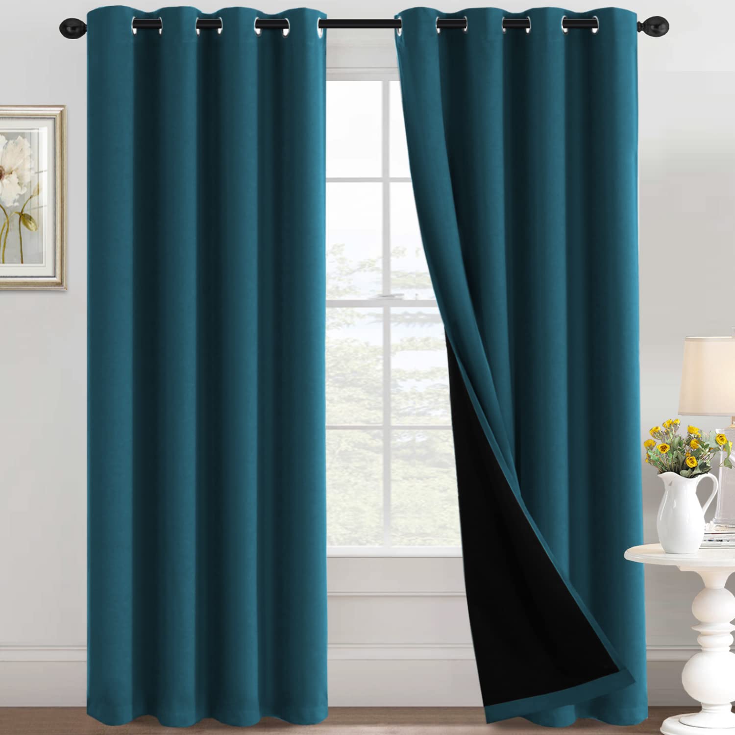 H.Versailtex 100% Blackout Curtains For Bedroom Thermal Insulated Black Out Living Room Curtains 84 Inch Long Noise Reducing Win