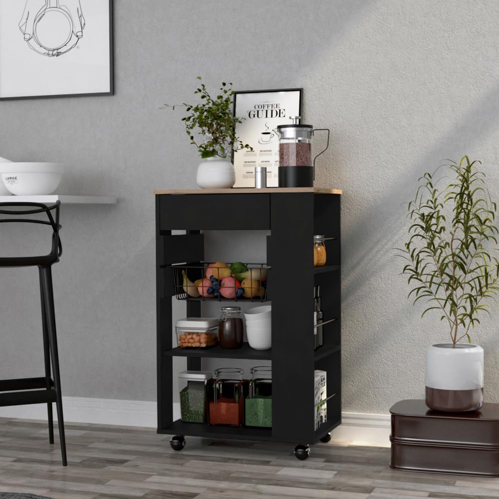 Kitchen Cart Sonex, One Drawer, Two Open Shelves, Four Casters - Black/Light Oak