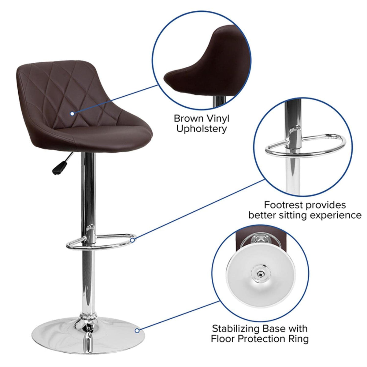 Contemporary Vinyl Bucket Seat Adjustable Height Bar Stool with Chrome Base Brown