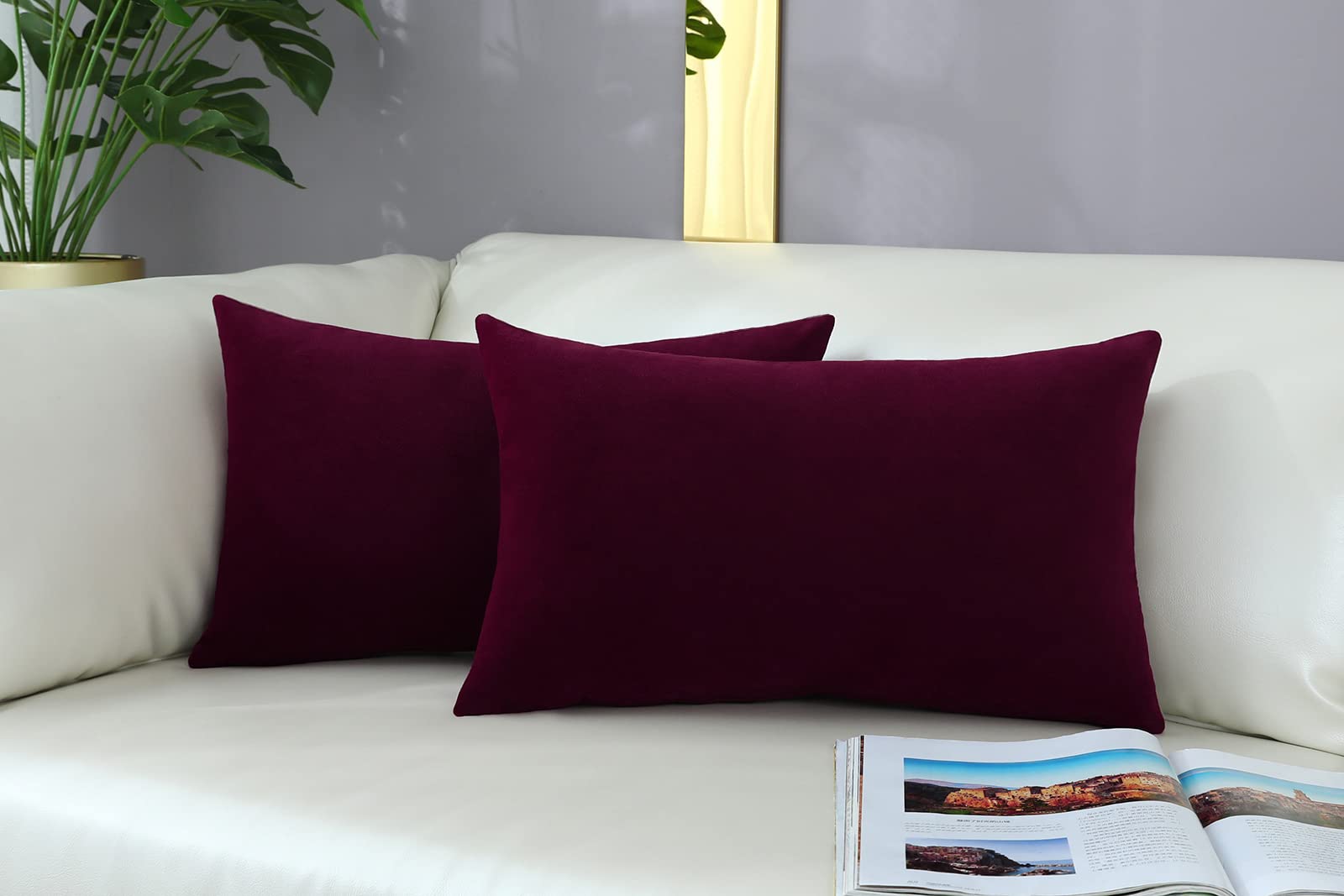 Mixeoo Comfy Burgundy Red Throw Pillow Covers Decorative Lumbar Solid Rectangle Thick Velvet Super Soft Cushion Cases Home Decor