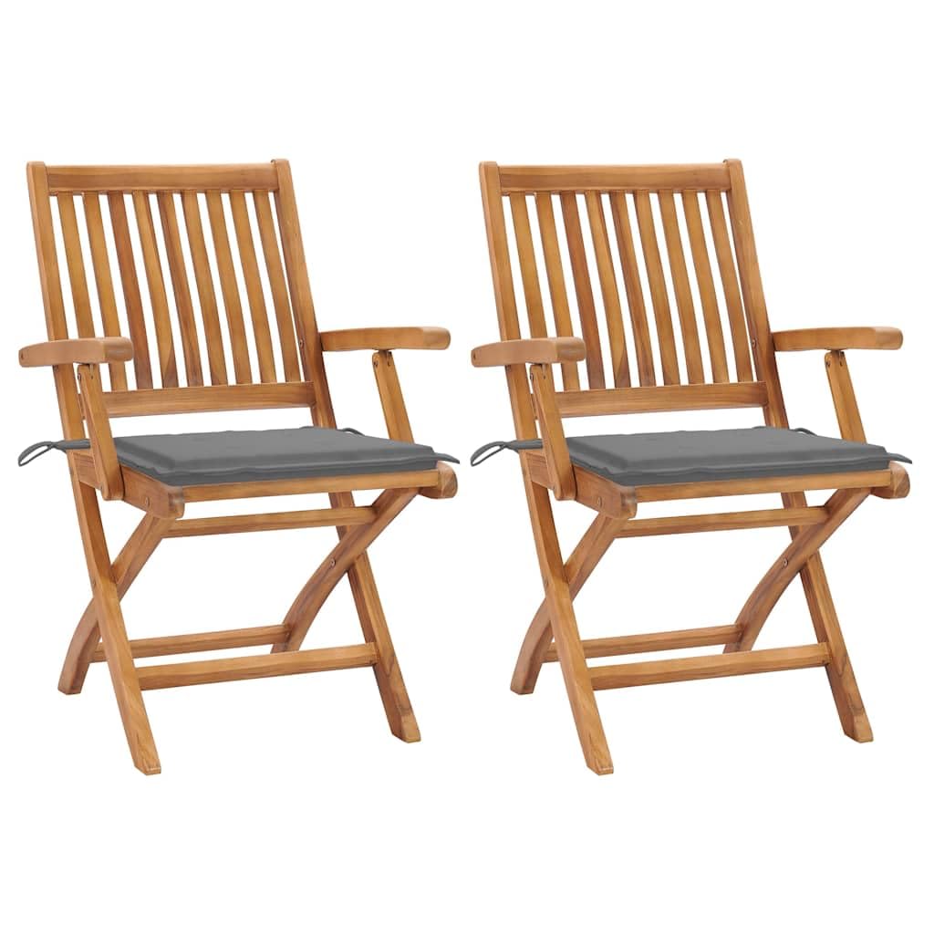 vidaXL Set of 2 Foldable Teak Wood Patio Chairs with Gray Polyester Cushions - Versatile Outdoor Seating Solution for Homes, Offices, Cafes and Bars