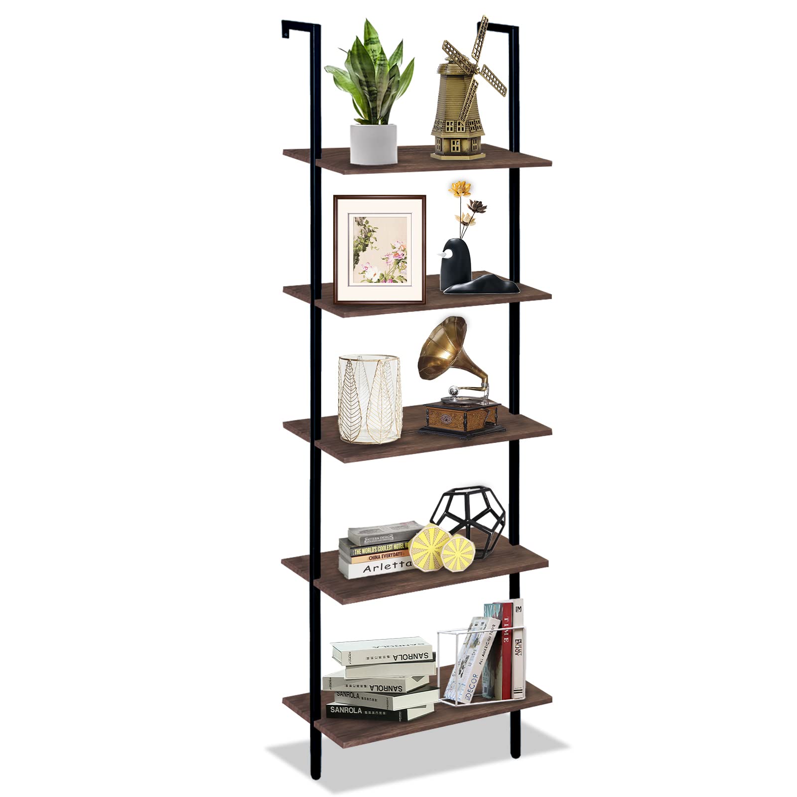 Wolawu 5 Tiers Ladder Shelf Brown Modern Bookshelf Open Tall Wall Mount Bookcase Standing Leaning Wall Shelves Industrial Decorative Living Room Bed Room
