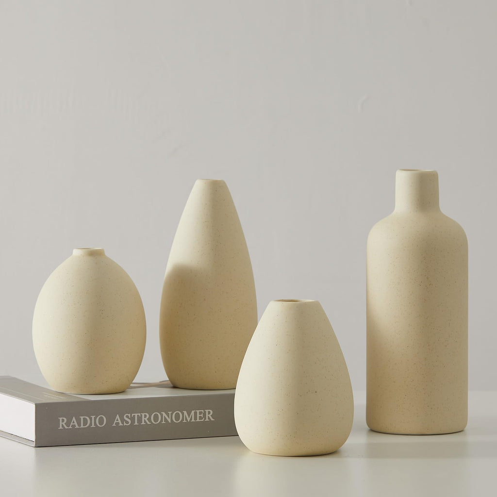 CEMABT Beige Ceramic Vase Set - 4 Small Vases for Flowers, Unique Flower Vases for Centerpieces, Decorative Modern Vases for Hom