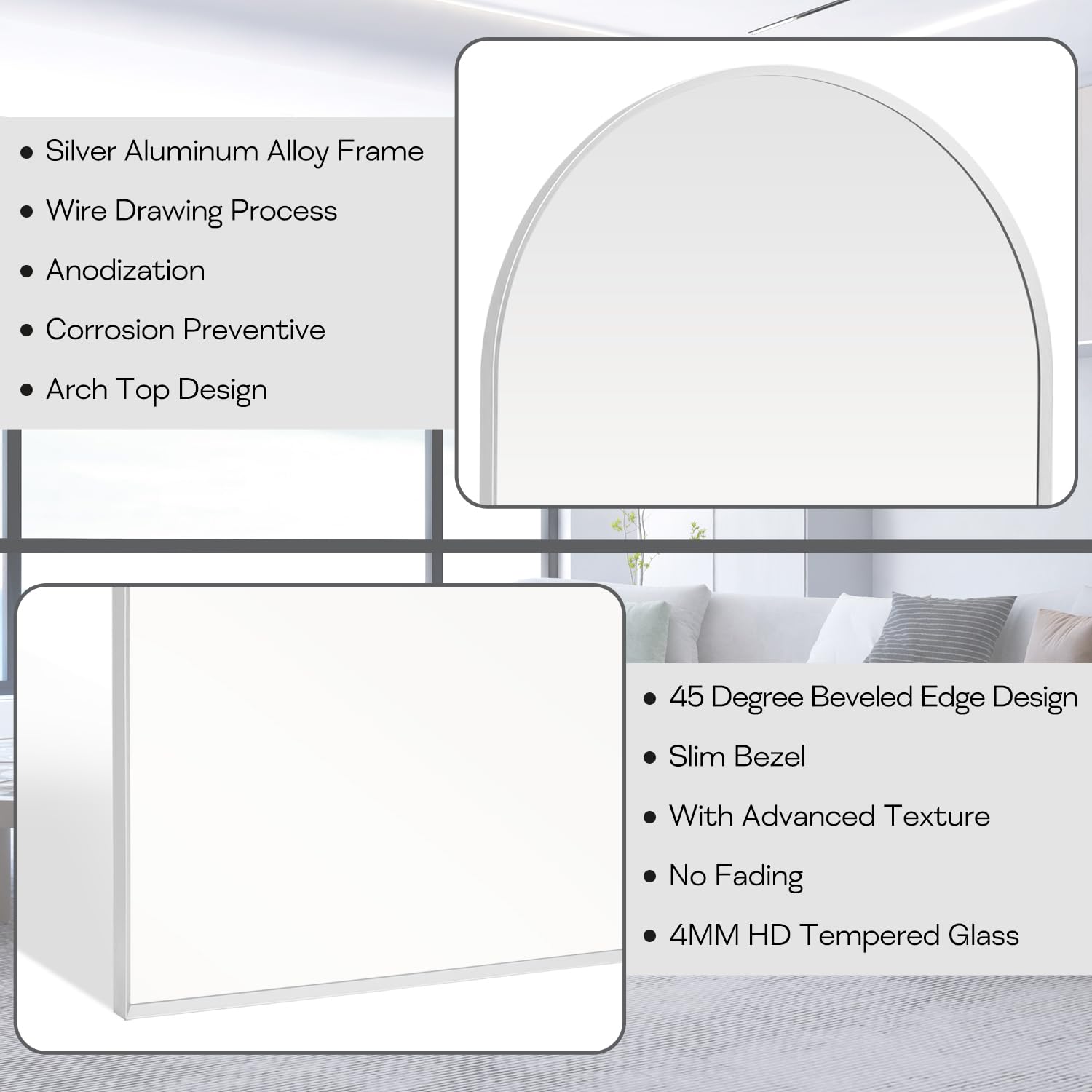 Minuover 30'' X 40'' Silver Arched Mirror, Large Arch Bathroom Vanity Mirror And Wall Decor Mirror, Metal Frame Arch Mirror For