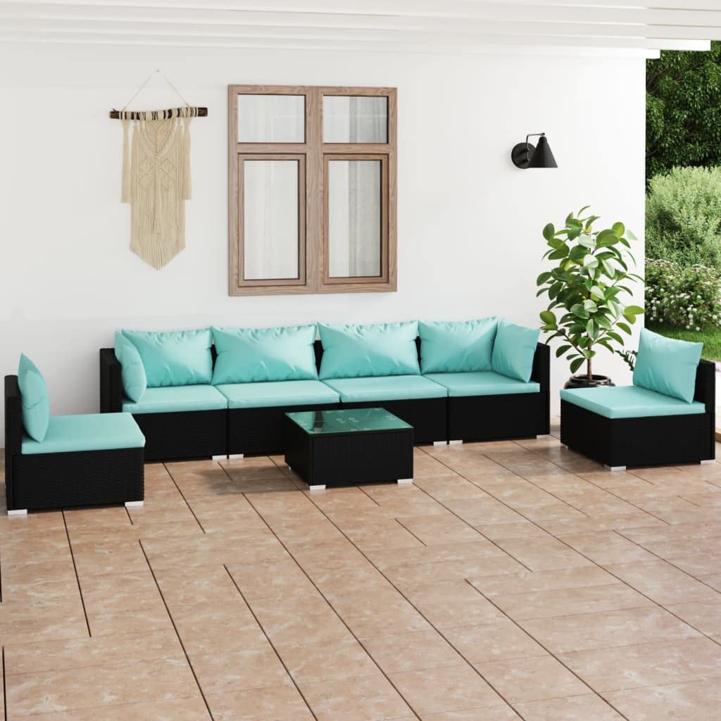 vidaXL Poly Rattan Black Patio Lounge Set with Water-Blue Cushions - 7 Piece Outdoor Garden Sofa Set with Tempered Glass Coffee Table and Modular Design