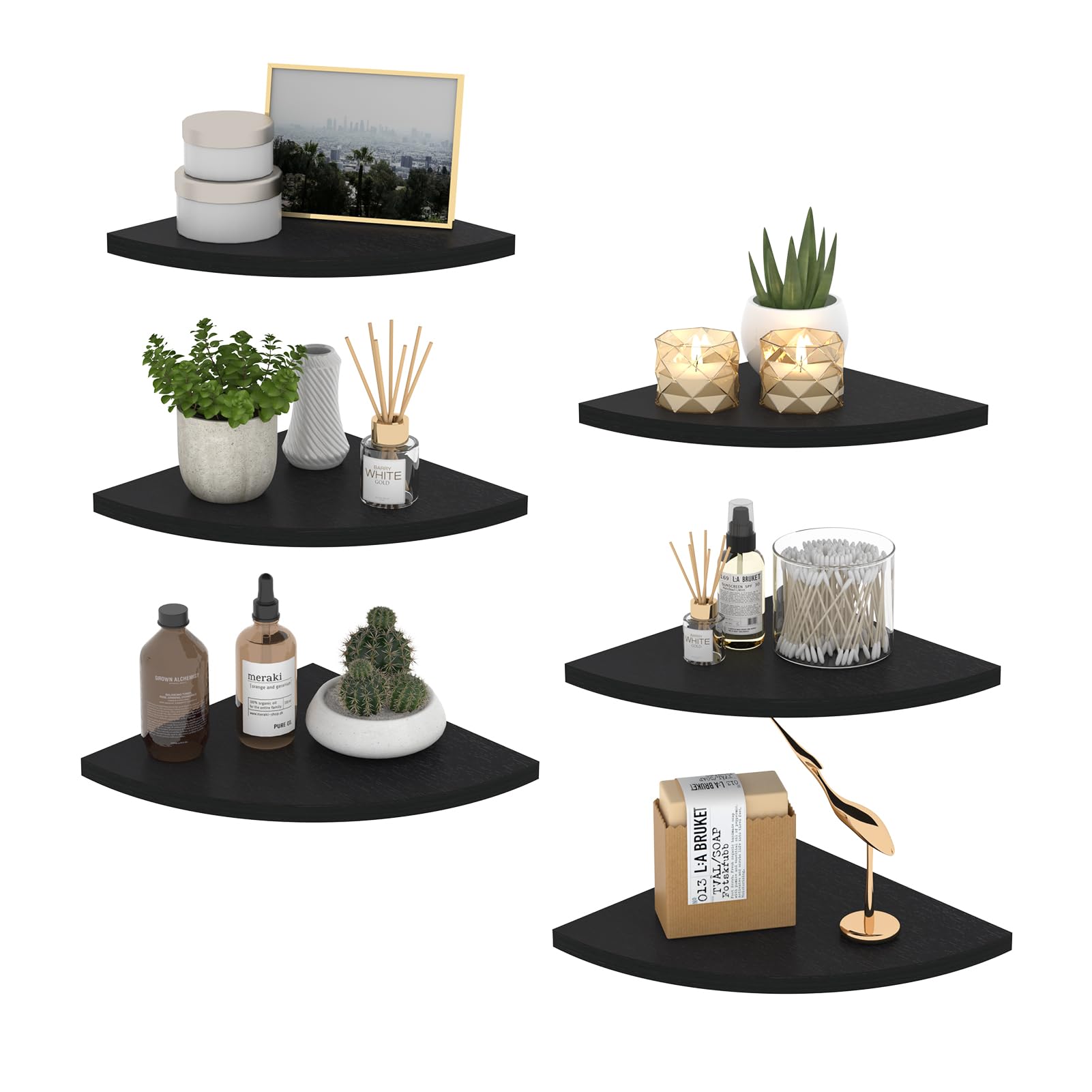 Horlimer Floating Corner Shelf Wall Mount, Set Of 6 Rustic Wood Corner Wall Shelves For Bedroom, Living Room, Bathroom, Kitchen (Black)