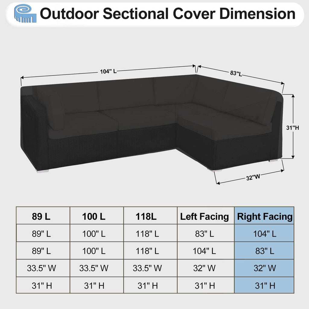 Outdoorlines Waterproof Outdoor Patio Sectional Cover - Uv Resistant & Windproof L-Shaped Patio Furniture Covers For Deck, Lawn And Backyard, 420D Heavy Duty Couch Cover, Right Facing, 104'X83', Black