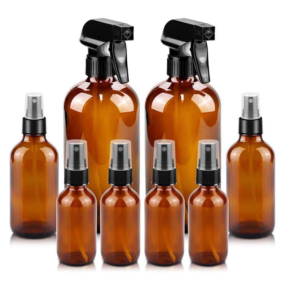 Worldgsb Glass Spray Bottles, 16Oz*2+4Oz*2+2Oz*4 Refillable Containers, Empty Boston Round Bottles With Adjustable Nozzle For Cl