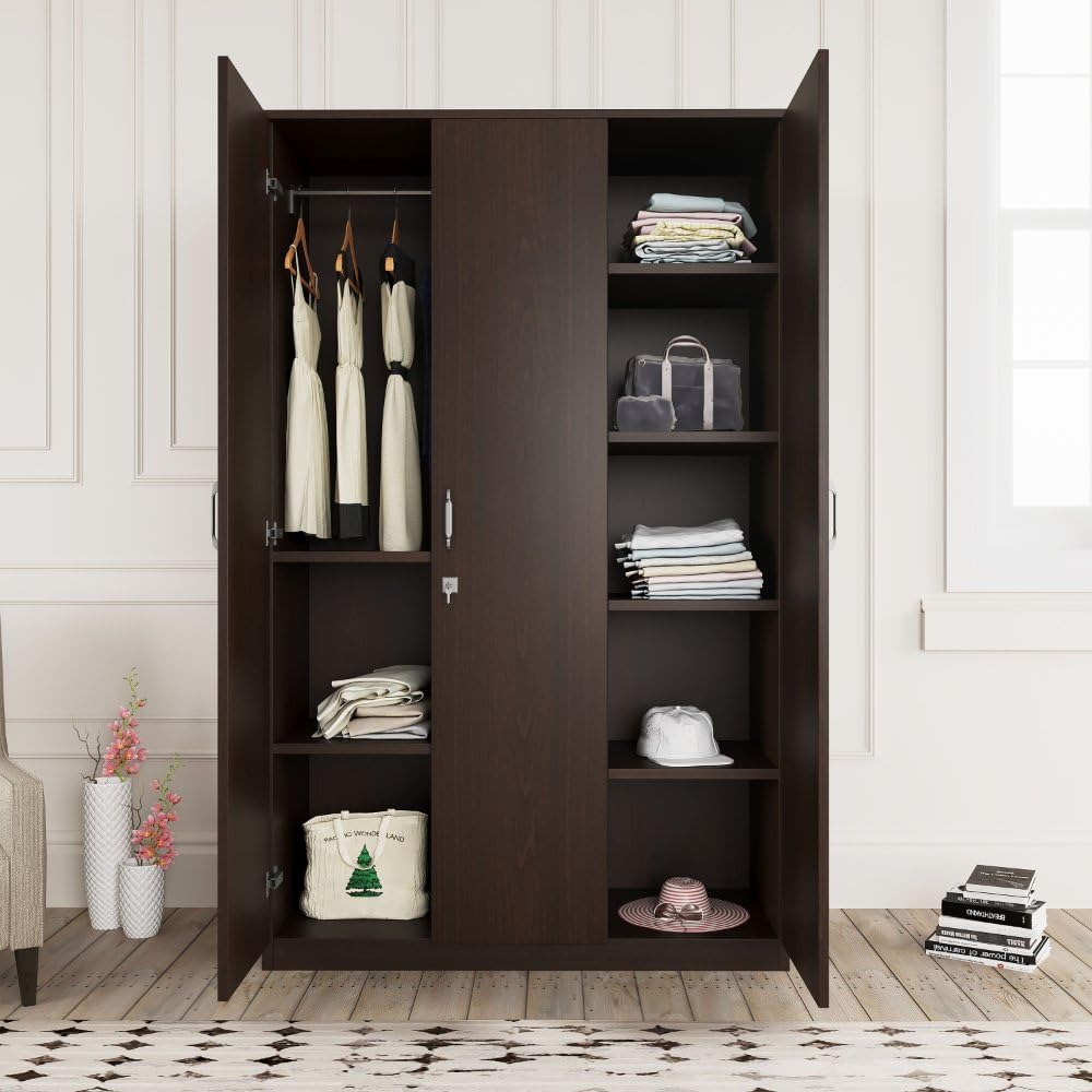 Nilkamal Willy Neo 3 Door Wooden Wardrobe Without Mirror For Bedroom | Almirah With 1 Hanging Rod, 8 Shelves | Clothes Cupboard 