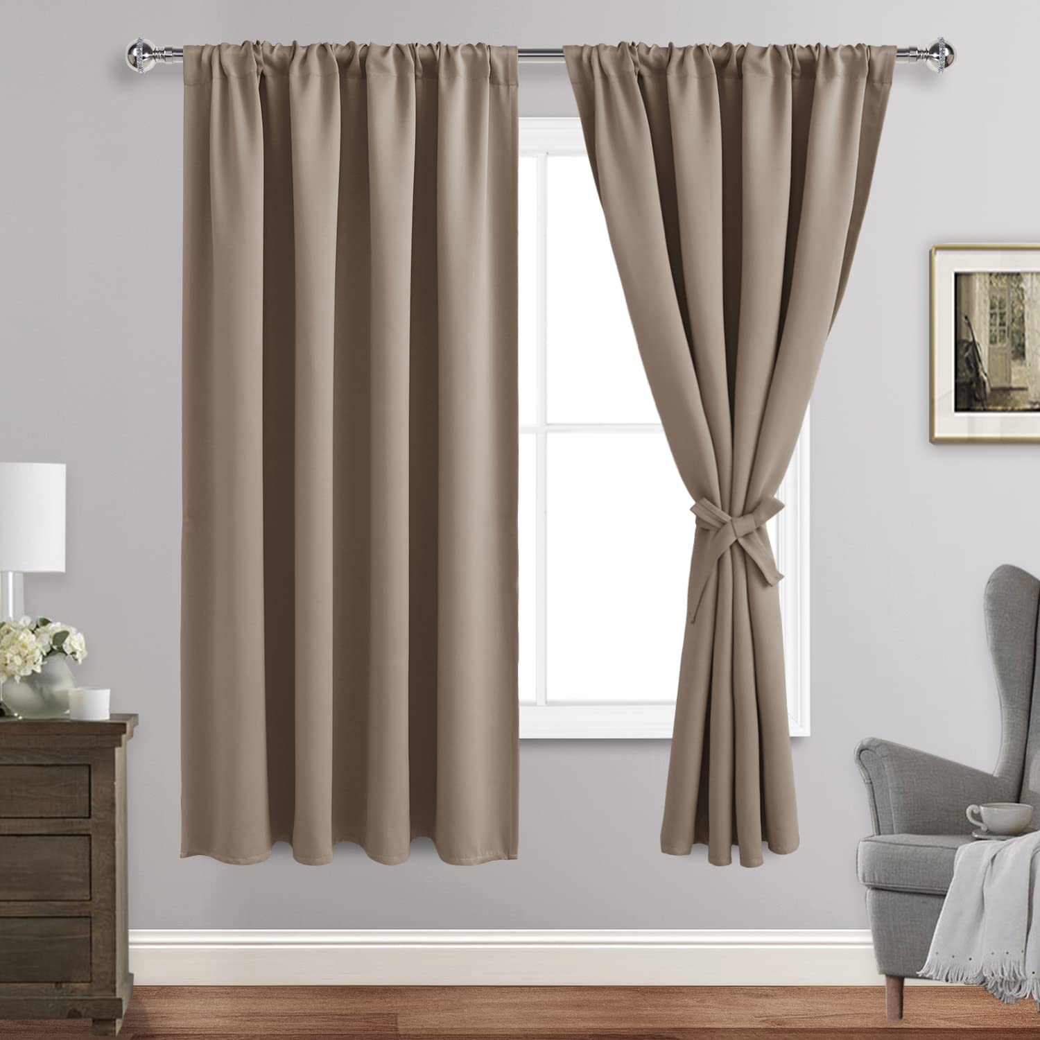 Jiuzhen Blackout Curtains For Bedroom - Thermal Insulated Room Darkening Noise Reducing, 52 X 63 Inch Length Curtains For Living Room, Set Of 2 Panels With Tiebacks, Camel