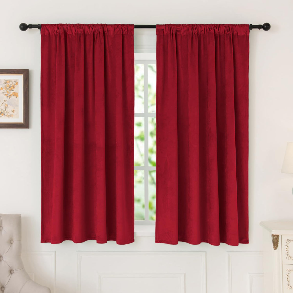 Nanbowang Christmas Red Velvet Curtains 63 Inches Long Soft Curtains Rod Pocket Thermal Insulated Curtains Window Treatment For