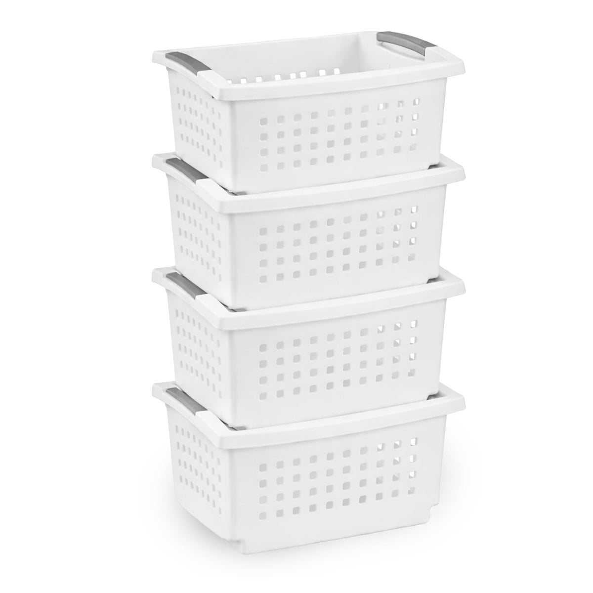 Sterilite Medium Stacking Basket Plastic Storage Organizer, White, 4Pack