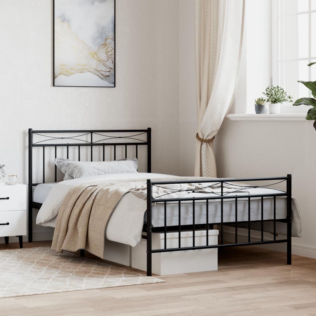 vidaXL Modern Single Bed Frame with Headboard and Footboard – Versatile and Durable Steel Frame in Sleek Black Finish – 81.5" x 41.3" x 35.8" Dimensions – Ideal for Guest Room or Children’s Room