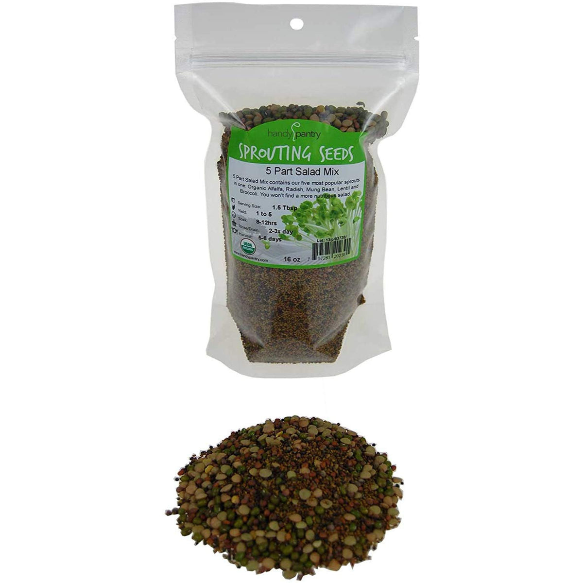 4 Oz - Handy Pantry 5 Part Salad Sprout Mix - Organic Non-Gmo Mixed Seeds - Organic Broccoli Sprouting Seeds, Radish Sprout Seed