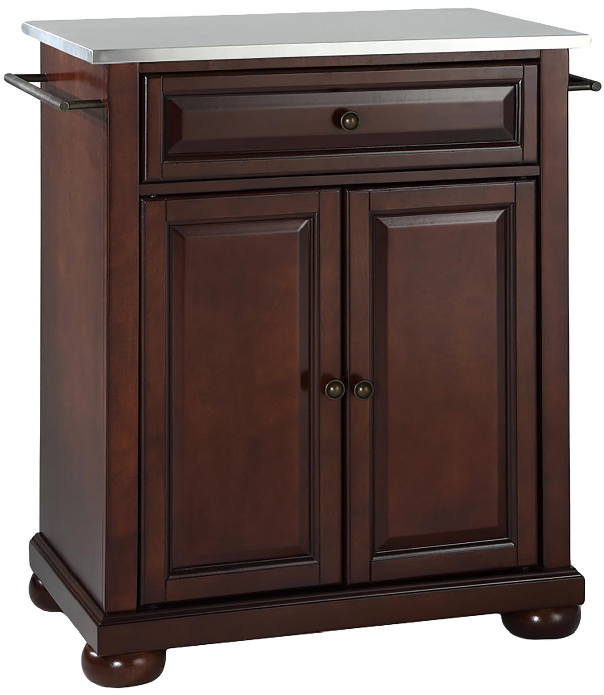 Crosley Furniture Alexandria Stainless Steel Top Small Rolling Kitchen Island Storage Cart, Microwave Stand, Mahogany