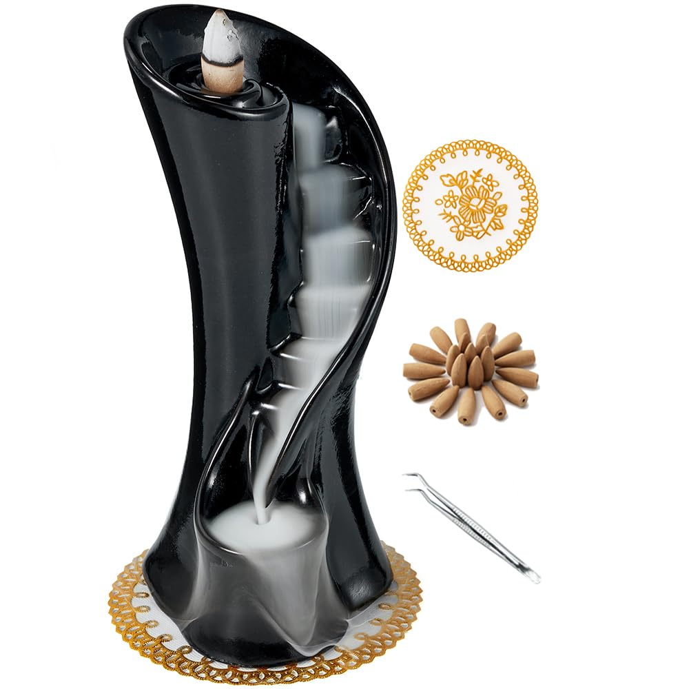 LAMDAWN Unique Cloud Stairs Ceramic Waterfall Incense Holder, Paired with a Pack of Backflow Incense Cones. (Black)