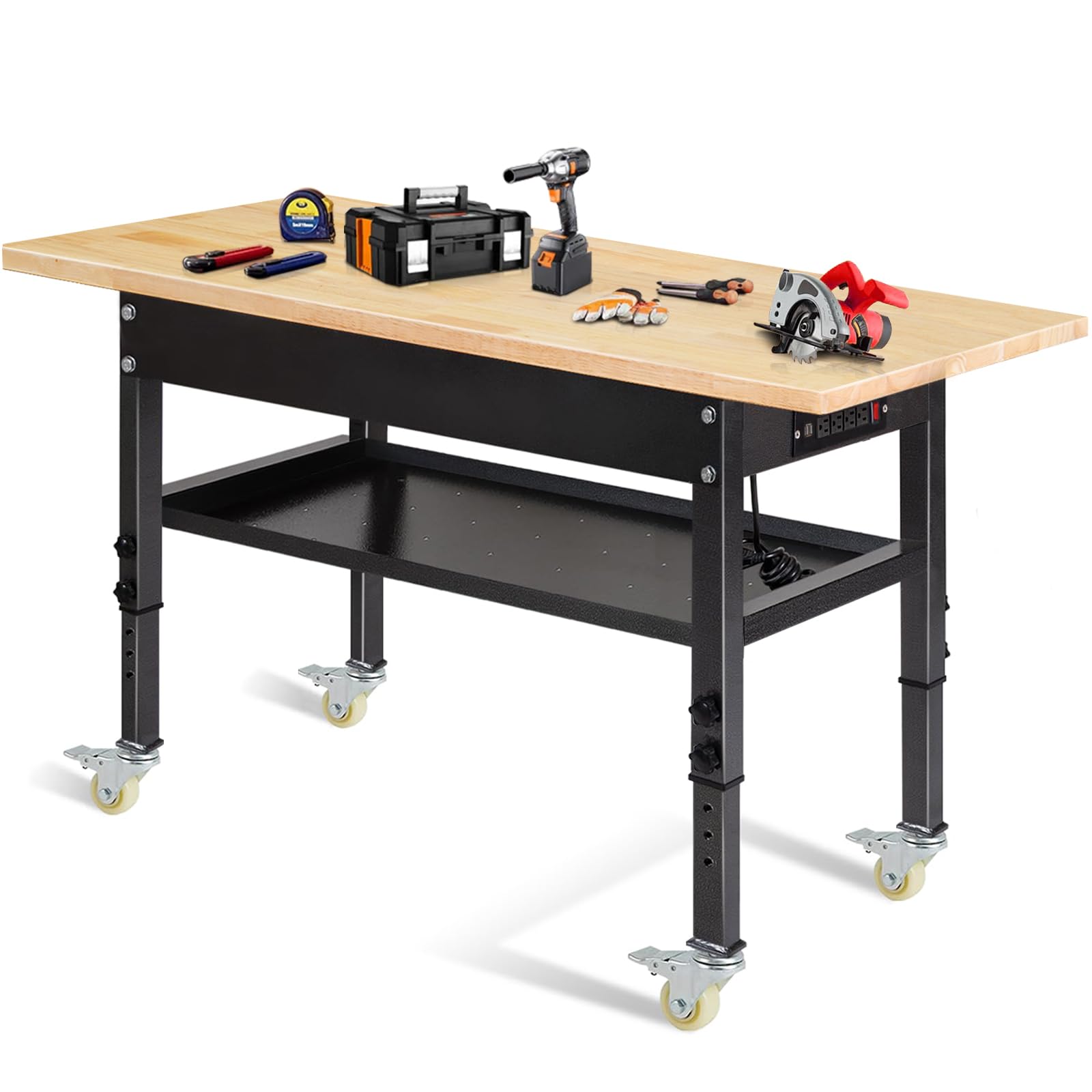 48'/60'' Adjustable Workbench, Rubber Wood Top Work Bench Heavy-Duty Work Table With Power Outlet, Wheels, Partition 2000 Lbs Load Capacity Hardwood Work Benches For Garage, Workshop, Home, Office