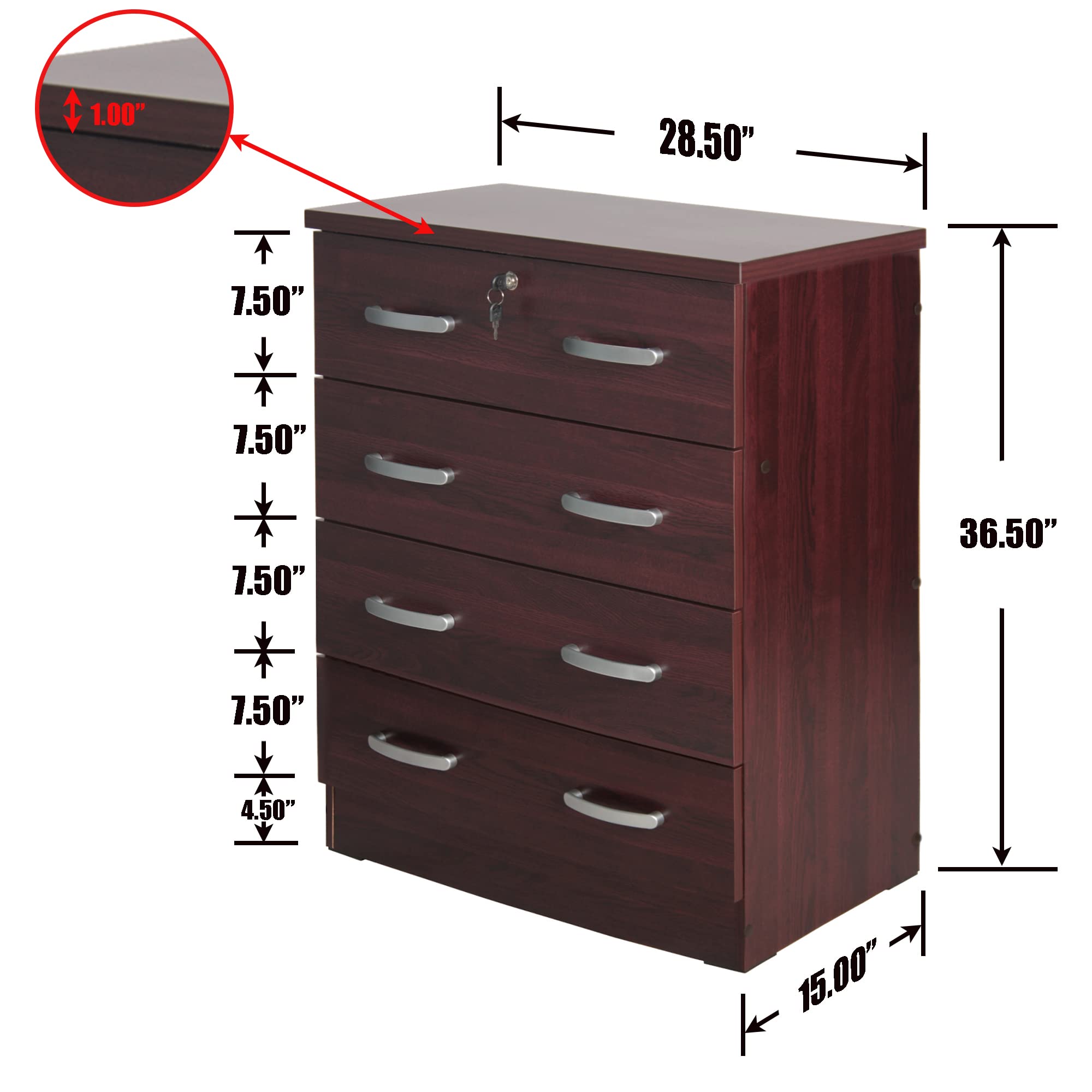 Better Home Products Cindy 4 Drawer Chest Wooden Dresser With Lock In Mahogany