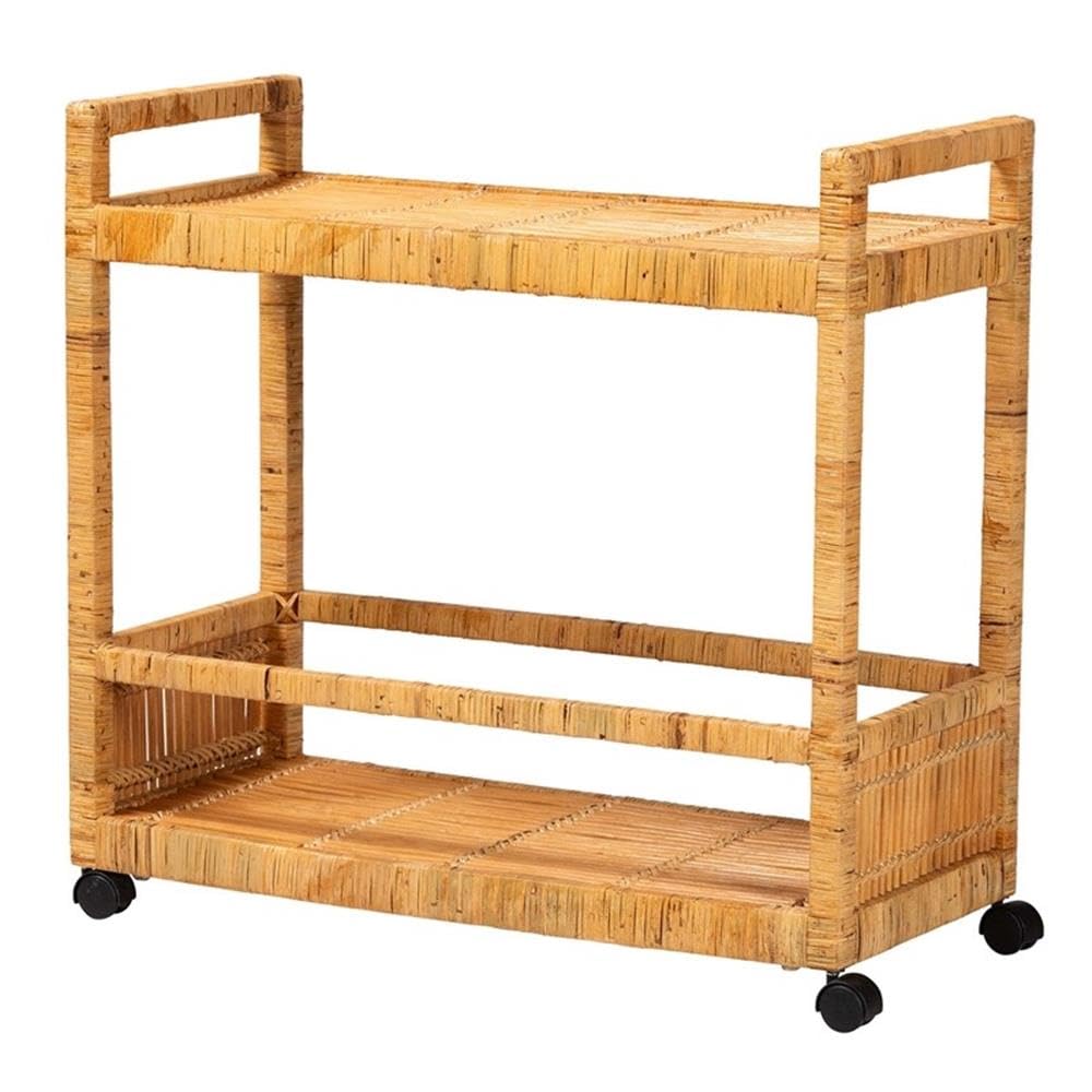 bali & pari Genet Natural Brown Rattan and Teak Wood 2-Tier Kitchen Cart