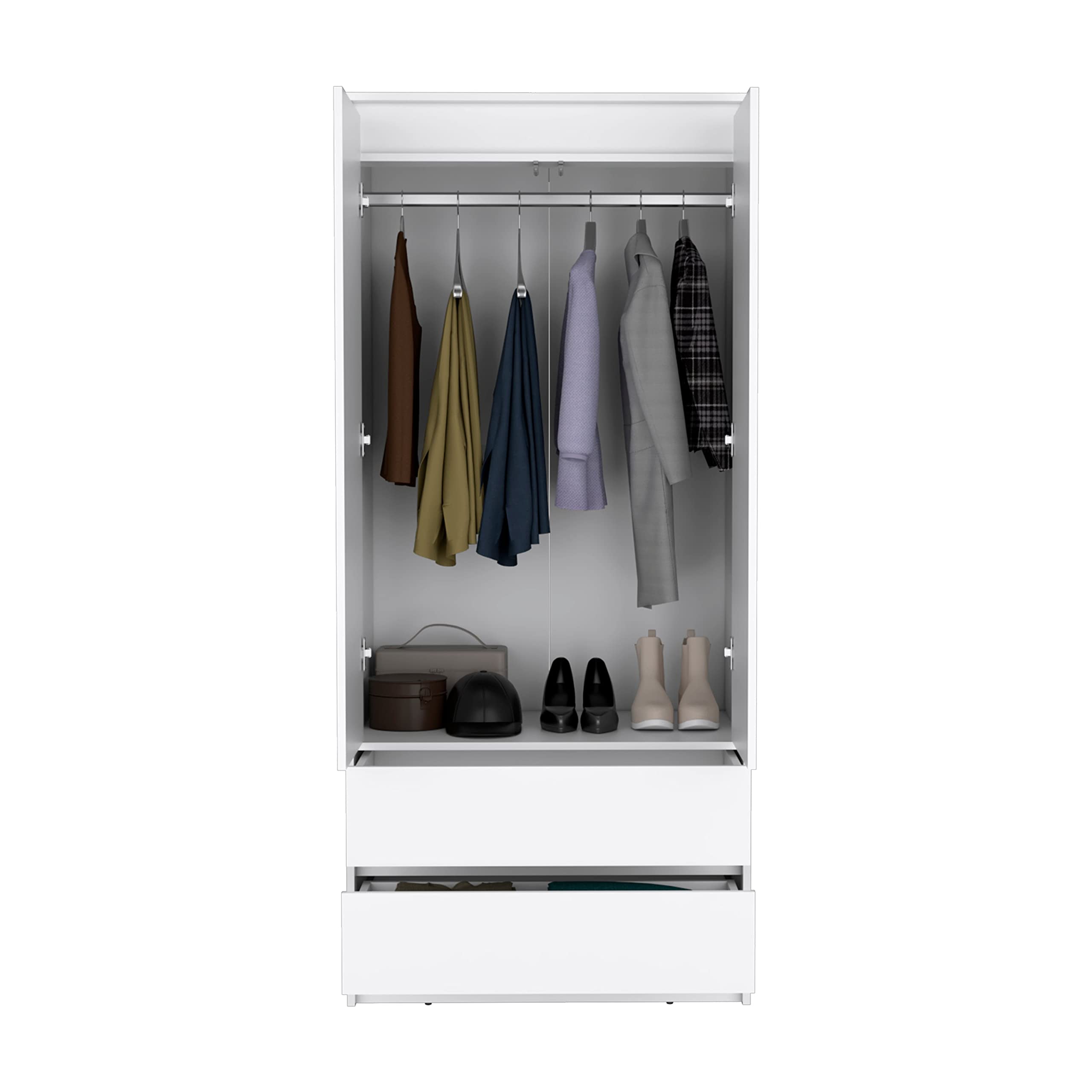 Depot E-Shop Palmer 2 Drawers Armoire, Wardrobe Closet With Hanging Rod, White