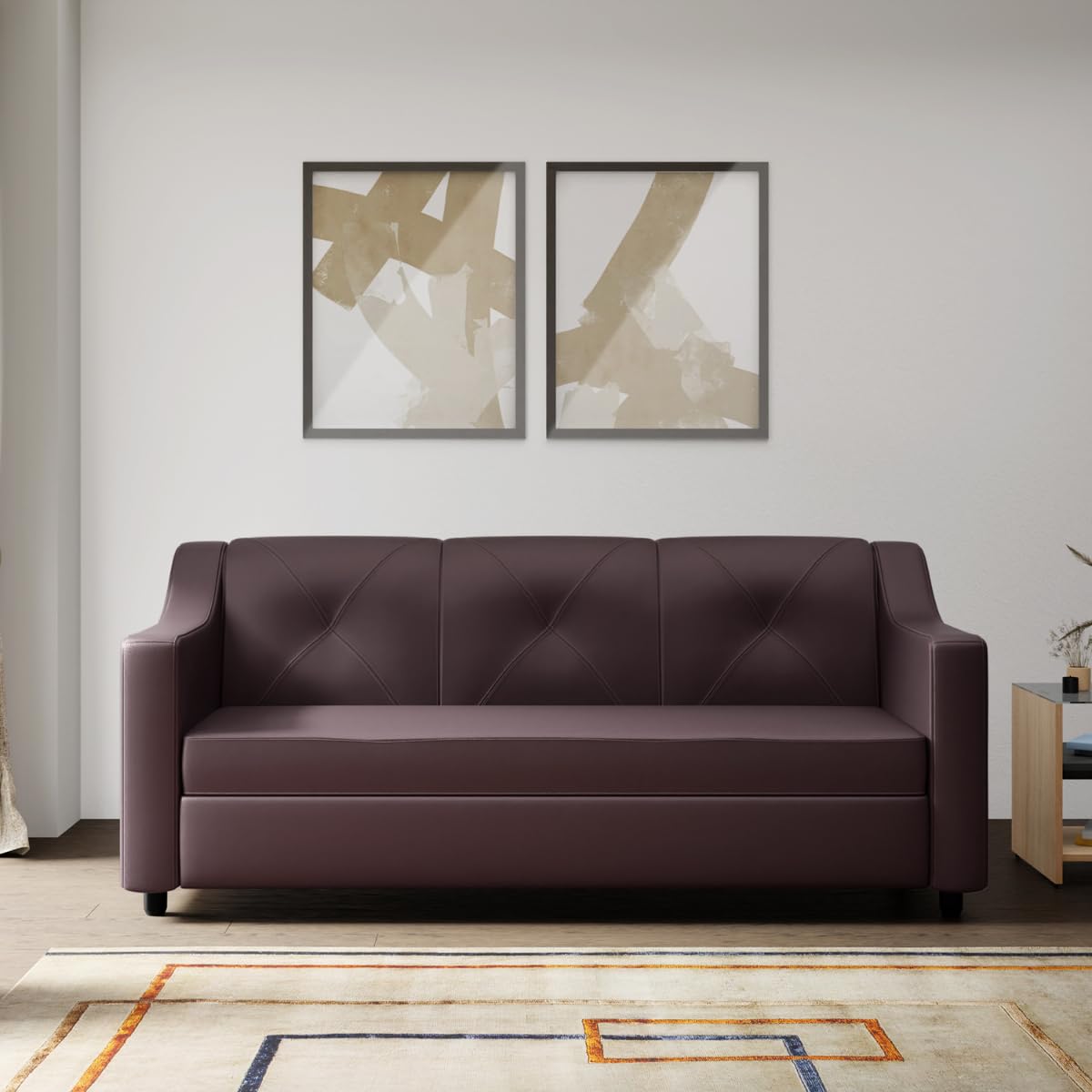 Godrej Interio Sofa Monarch 3 Seater Synthetic Leather Sofa For Living Room, 1Year Warranty, Solid Wood, Burgandy (Brown)