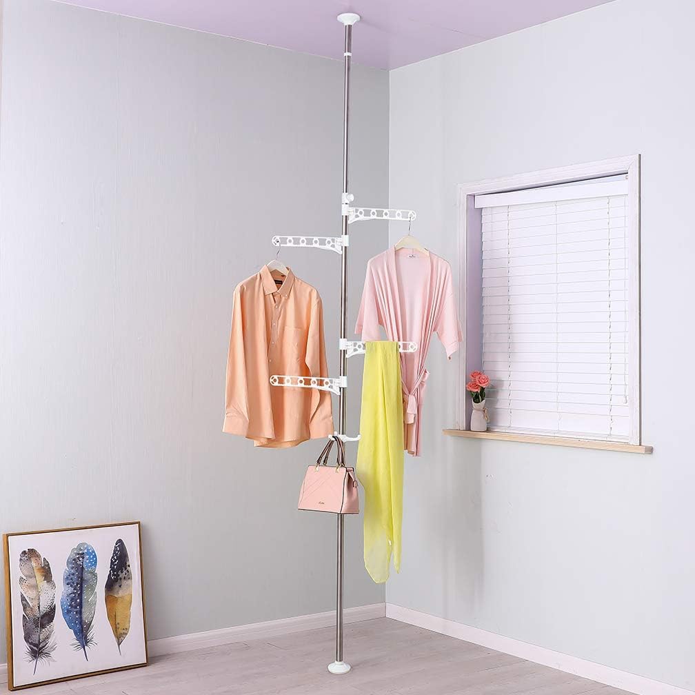 BAOYOUNI Telescopic Laundry Tension Pole Corner Clothes Hanging Drying Rack Floor to Ceiling Jacket Coat Hanger Garment Storage 