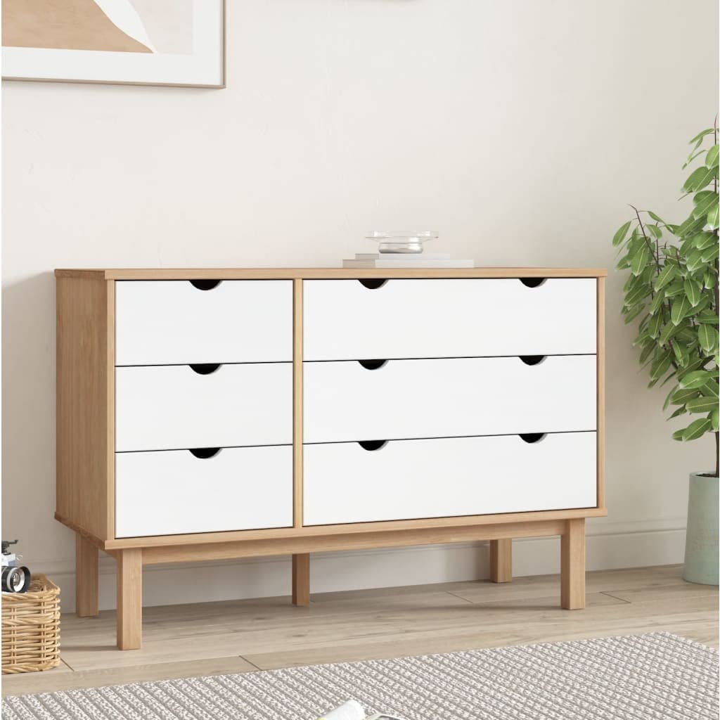 vidaXL Scandinavian Style Drawer Cabinet OTTA – Solid Pinewood, Brown and White, Spacious Storage Space with 6 Drawers, Sturdy Frame and Top, Flexible Installation, Complies with California Propos...