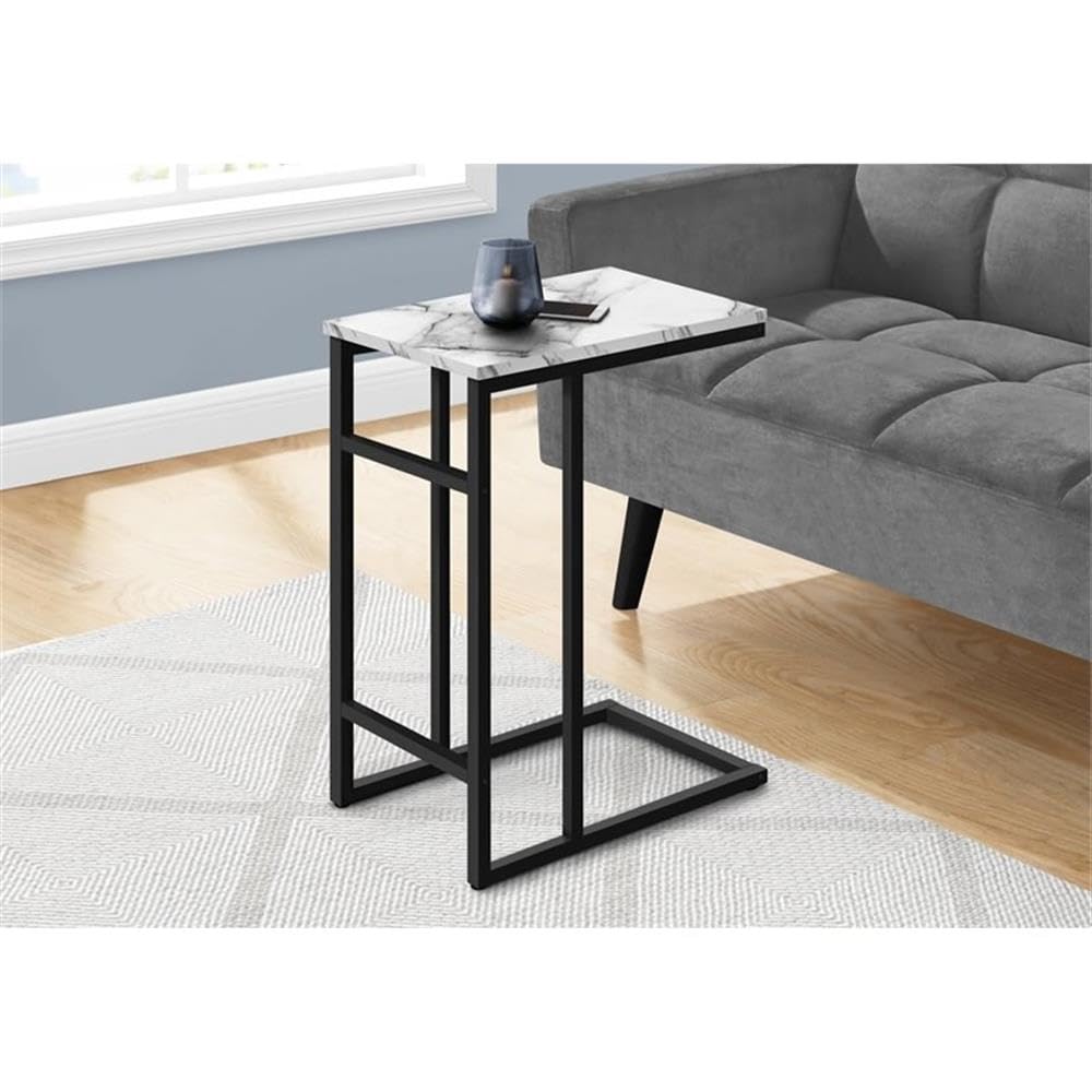 Monarch Specialties 2173 Accent Table, C-Shaped, End, Side, Snack, Living Room, Bedroom, Metal, Laminate, White Marble Look, Black, Contemporary, Modern Table-24, 18&Quot; L X 11.75&Quot; W X 24&Quot; H