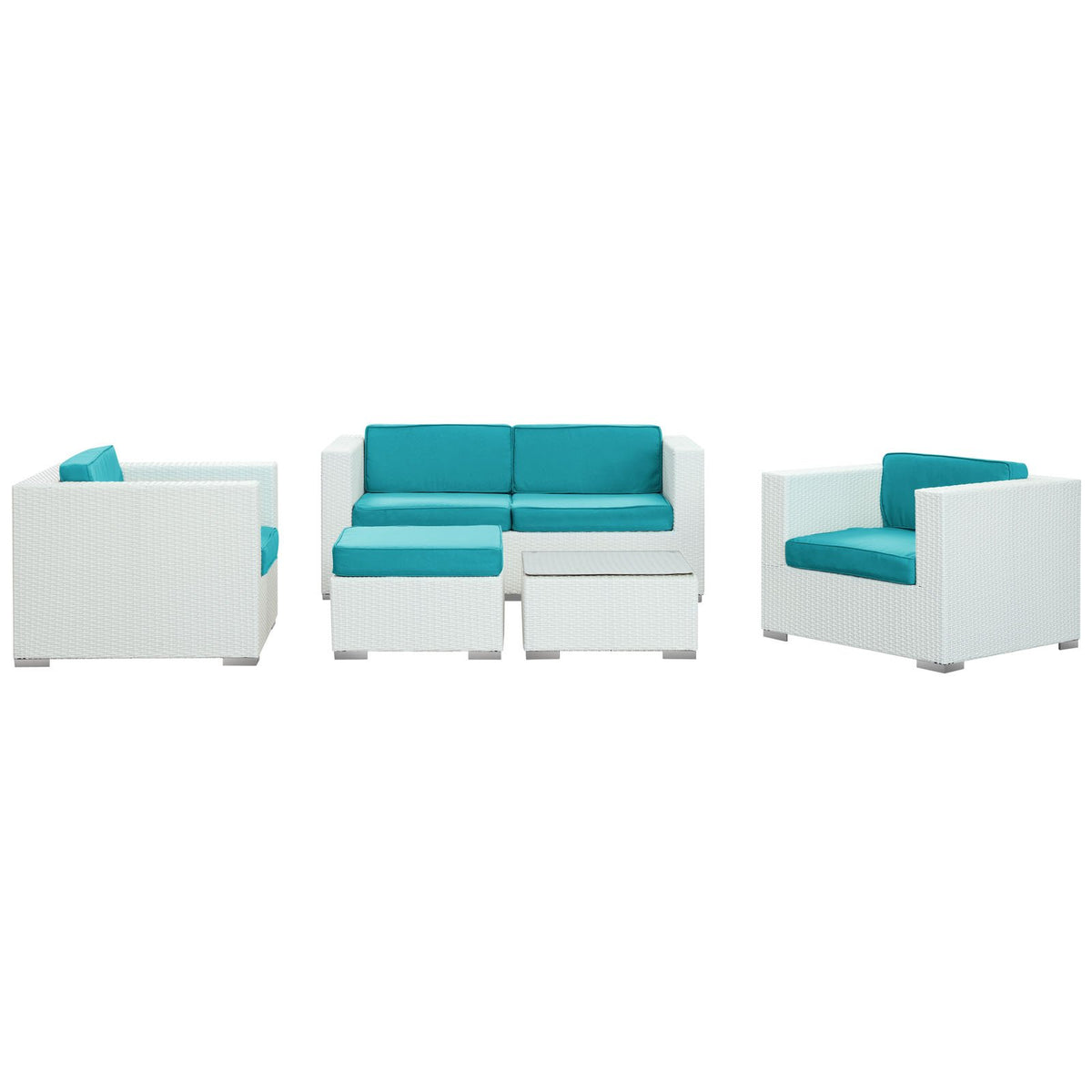 Lexmod Malibu Outdoor Wicker Patio 5 Piece Sofa Set In White With Turquoise Cushions