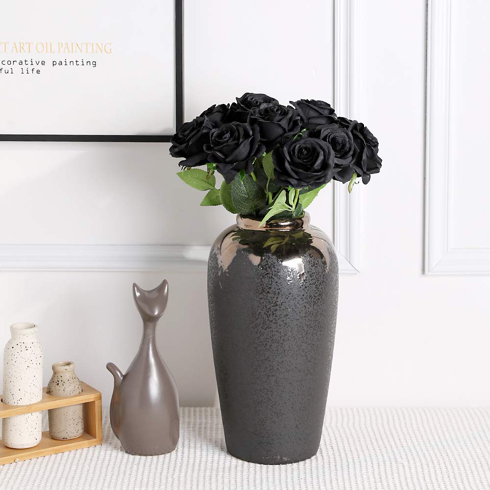 Tifuly Black Roses Artificial Flowers -12 Pcs Realistic Single Long Stem Fake Silk Roses Bouquet For Party Home Wedding Centerpi
