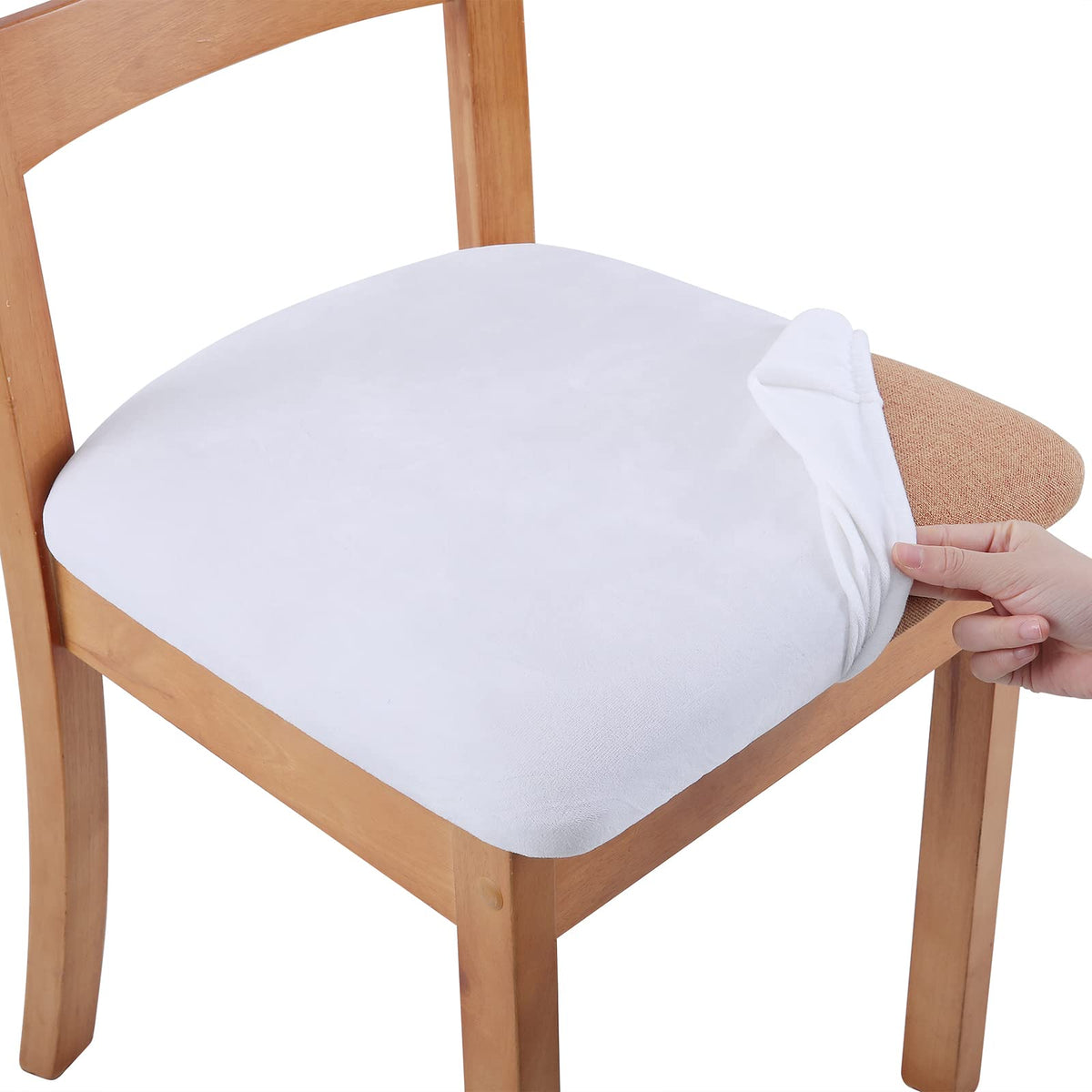 Smiry Velvet Seat Covers For Dining Room Chair Set Of 6, Stretch Fit Removable Washable Chair Seat Cushion Protector Slipcovers With Ties, White