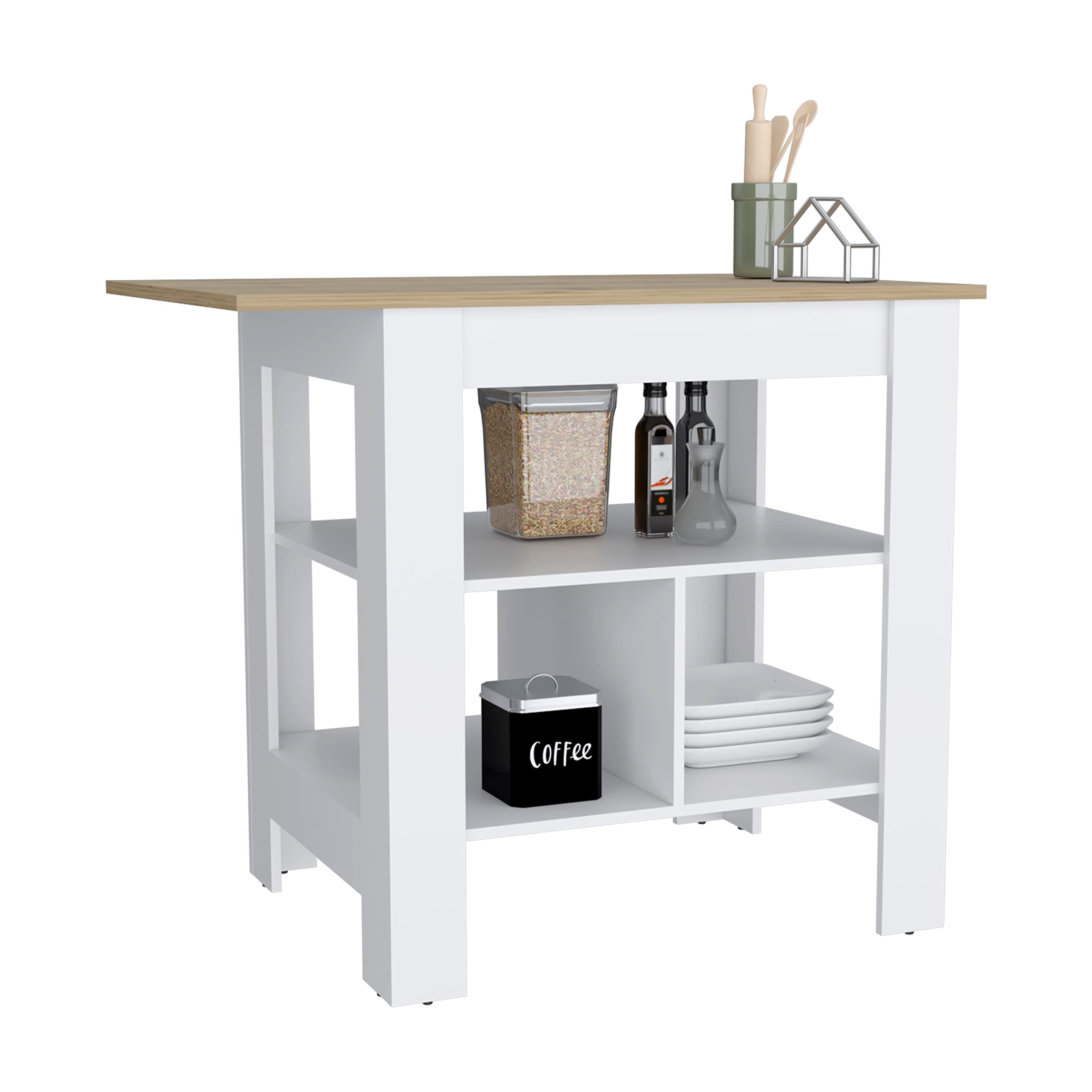 DEPOT E-SHOP Kitchen Island, Kitchen Table 35" H, 3 Open Shelves, White/Macadamia